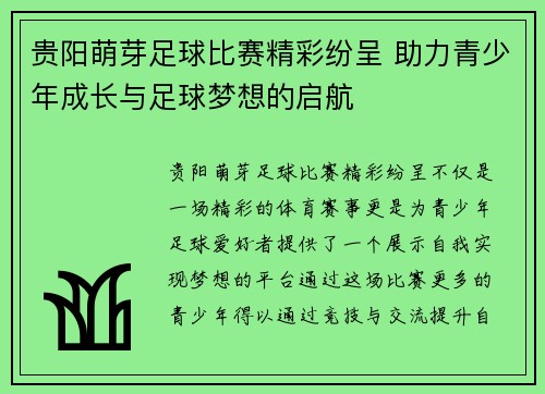 贵阳萌芽足球比赛精彩纷呈 助力青少年成长与足球梦想的启航