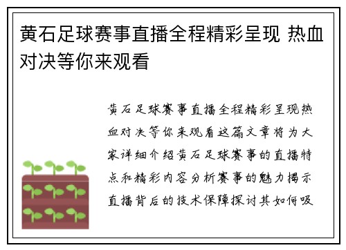 黄石足球赛事直播全程精彩呈现 热血对决等你来观看