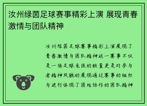汝州绿茵足球赛事精彩上演 展现青春激情与团队精神