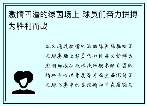 激情四溢的绿茵场上 球员们奋力拼搏为胜利而战