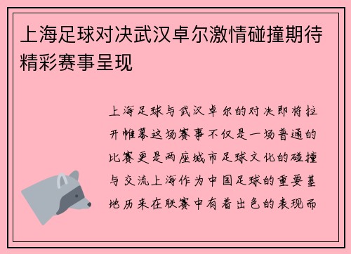 上海足球对决武汉卓尔激情碰撞期待精彩赛事呈现