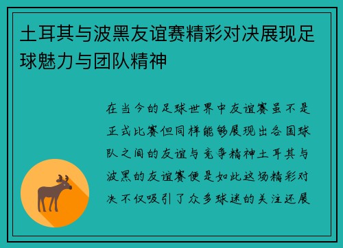 土耳其与波黑友谊赛精彩对决展现足球魅力与团队精神