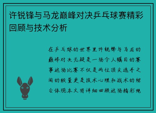 许锐锋与马龙巅峰对决乒乓球赛精彩回顾与技术分析