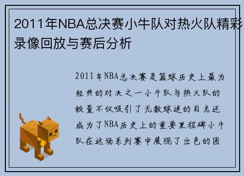 2011年NBA总决赛小牛队对热火队精彩录像回放与赛后分析