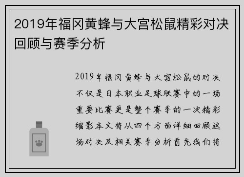 2019年福冈黄蜂与大宫松鼠精彩对决回顾与赛季分析