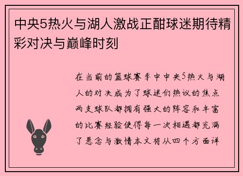 中央5热火与湖人激战正酣球迷期待精彩对决与巅峰时刻