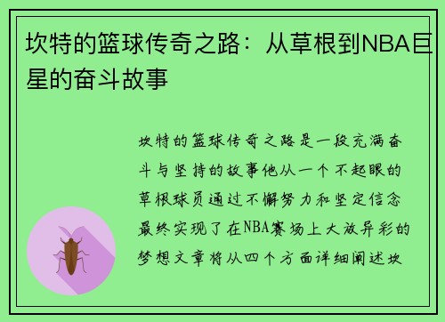 坎特的篮球传奇之路：从草根到NBA巨星的奋斗故事