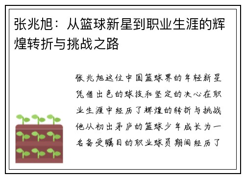 张兆旭：从篮球新星到职业生涯的辉煌转折与挑战之路