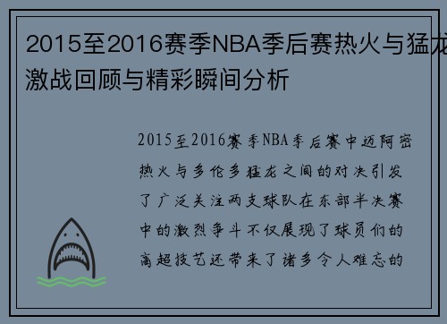 2015至2016赛季NBA季后赛热火与猛龙激战回顾与精彩瞬间分析