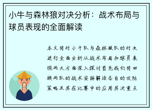 小牛与森林狼对决分析：战术布局与球员表现的全面解读