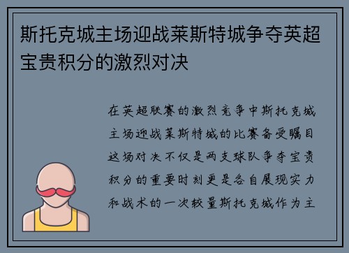 斯托克城主场迎战莱斯特城争夺英超宝贵积分的激烈对决