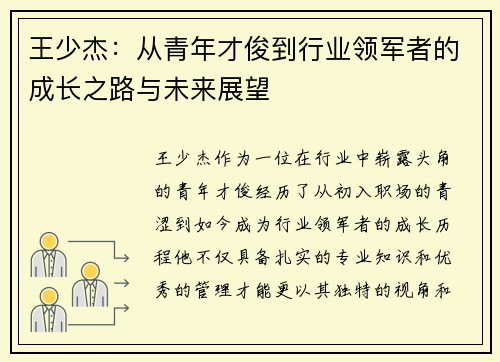 王少杰：从青年才俊到行业领军者的成长之路与未来展望
