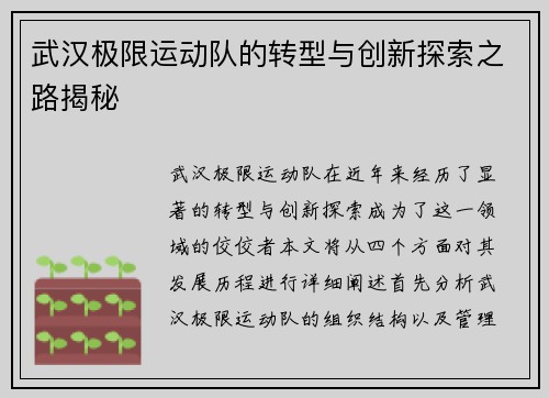 武汉极限运动队的转型与创新探索之路揭秘